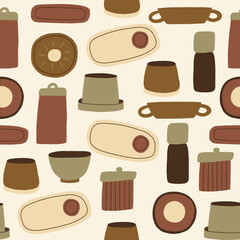 Organic Pottery Ceramic Utensil Seamless Pattern. Various Handmade Decorative Vases Walppaper. Vector Graphic Repeat Contemporary Background. Simple Surface Design for Print Art