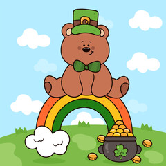 st patricks day party with teddy bear cub and rainbow with pot of gold. kawaii vector 