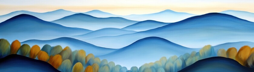 Obraz premium Misty Blue Mountains Scenic Landscape, Autumnal Foliage, Calming Nature, Peaceful Wallpaper