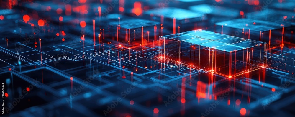 Poster Architect blueprint idea. A dynamic digital landscape showcasing illuminated data structures and vibrant patterns.