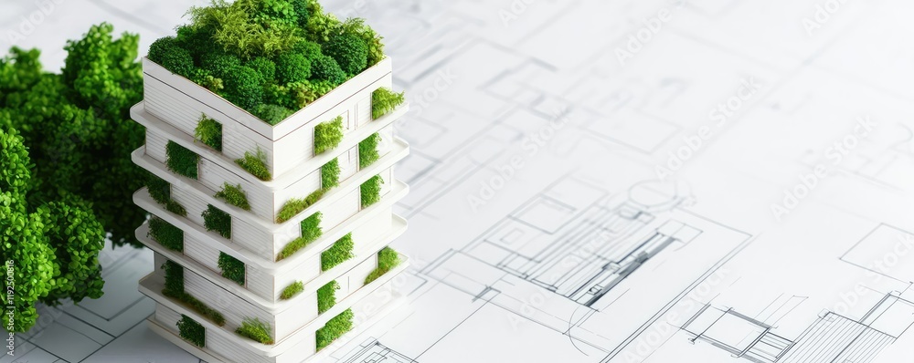 Poster architect blueprint idea. innovative eco-friendly building concept featuring greenery and sustainabl