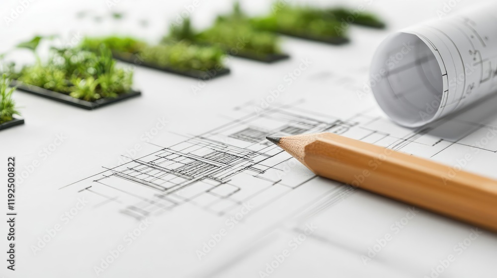 Poster Architect project idea. Architectural design concept with blueprint and greenery for sustainable development.