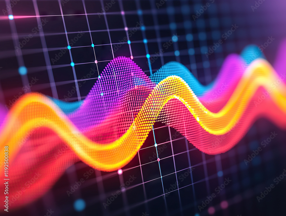 Poster vibrant digital wave graph with colorful neon lines on dark grid background, symbolizing data analys