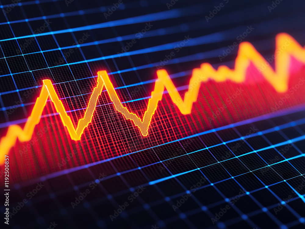 Poster glowing graph with sharp peaks and valleys symbolizing financial or data trends on digital grid