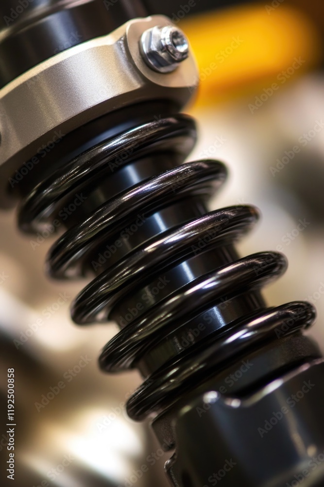 Poster a detailed view of a motorcycle's shock absorber, suitable for use in automotive or engineering cont