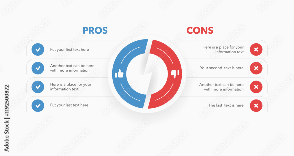 Aufkleber Pros and cons diagram on decision making process. Simple flat template for analyzing positive and negative comparison of something.