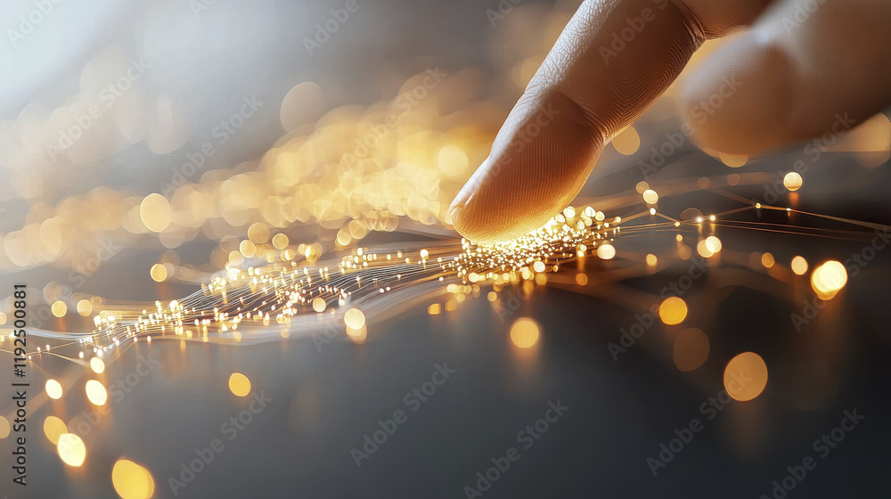 Poster close up of finger touching glowing particles, symbolizing technology and connection