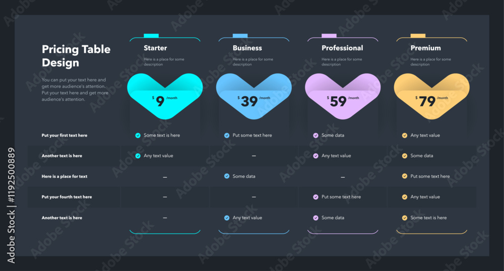 Poster pricing table template for four subscription plans or services - dark version. simple flat infograph