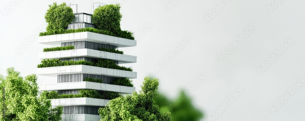 Poster Architect blueprint idea. Modern eco-friendly building design with greenery and sleek architecture elements.