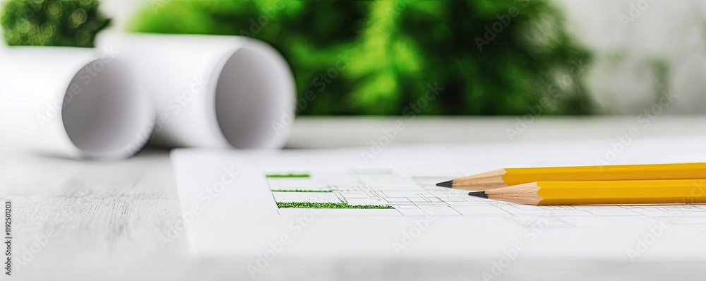Poster Architect project idea. Pencils and papers on a desk with green plants, symbolizing creativity and planning.