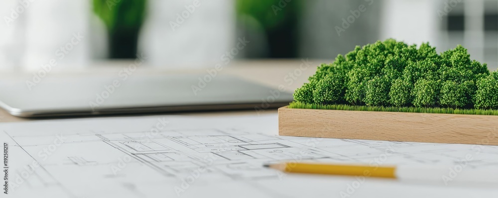 Poster architect project idea. a model of greenery on architectural plans symbolizing sustainable design.