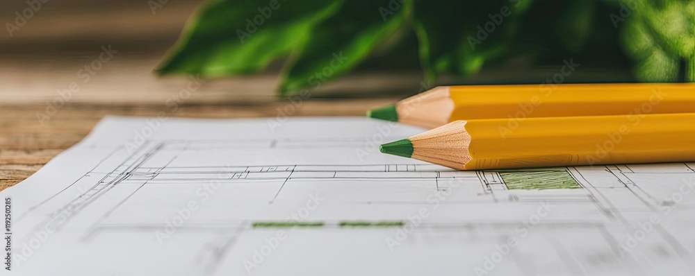 Aufkleber architect project idea. close-up of architectural sketches with colored pencils on a wooden table.