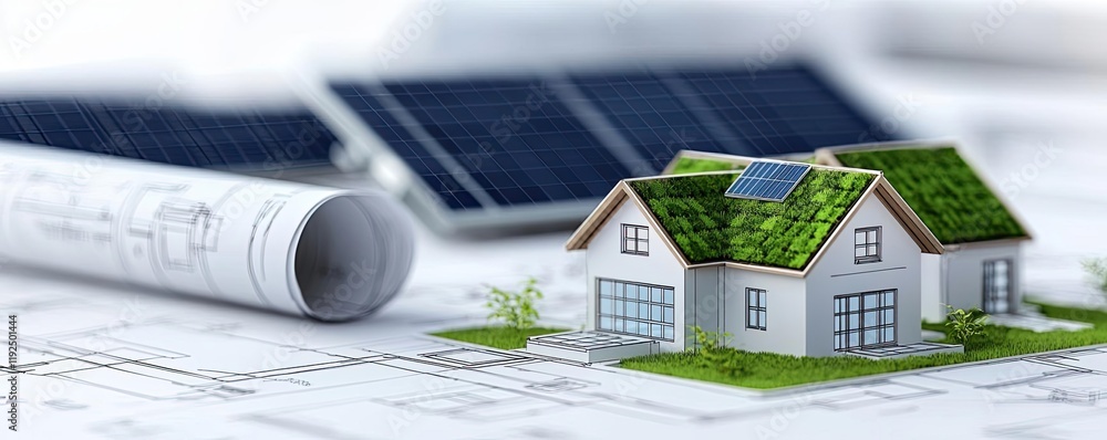 Aufkleber architect project idea. eco-friendly house model with solar panels on architectural blueprints.