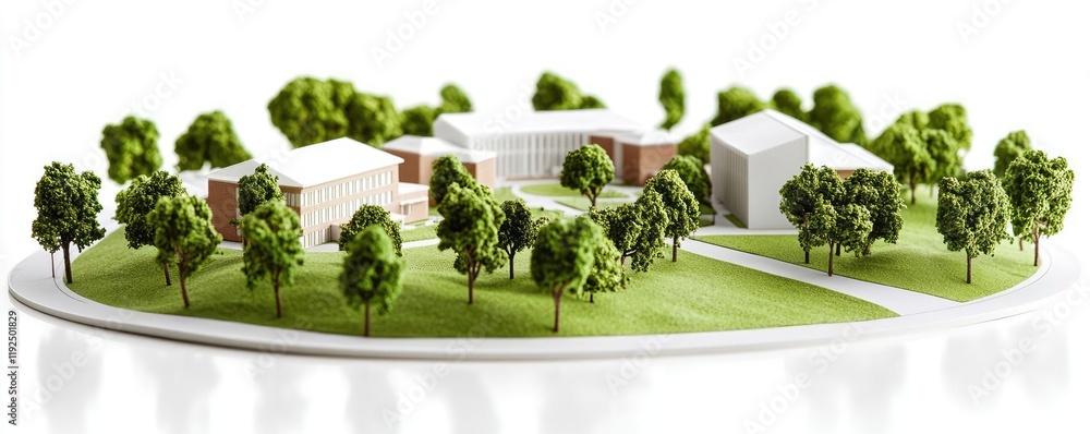 Poster Architect blueprint idea. Architectural model showcasing modern buildings and greenery in a miniature landscape.