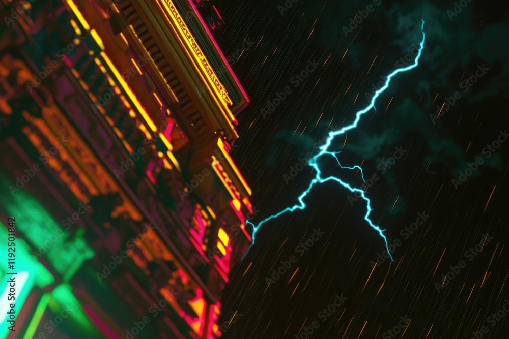 Poster a building with a lightning bolt in the sky