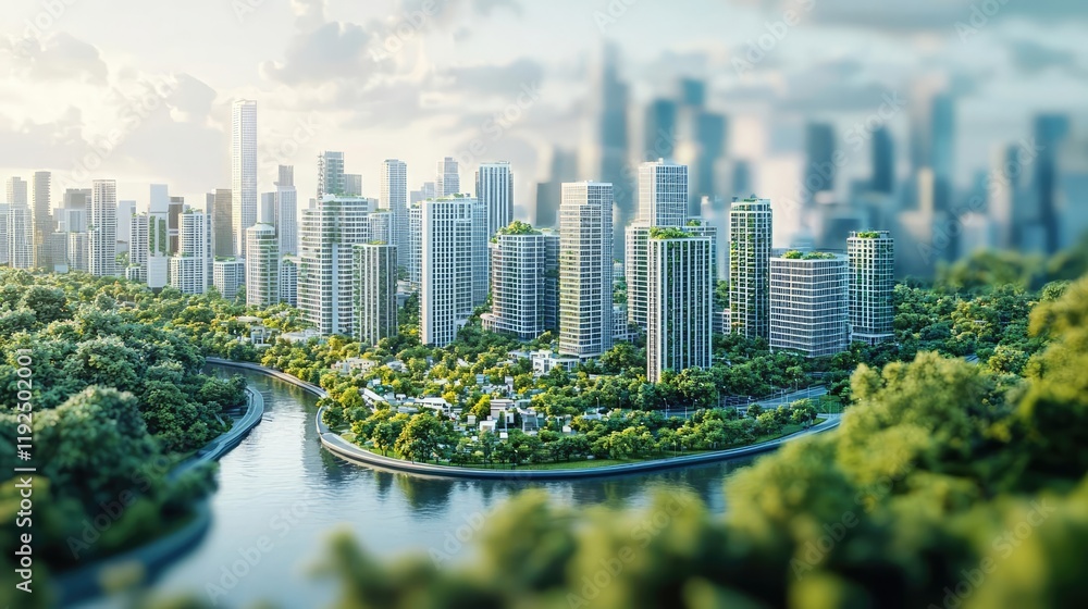 Poster Architect project idea. Aerial view of a modern cityscape with green spaces and a river flowing through.