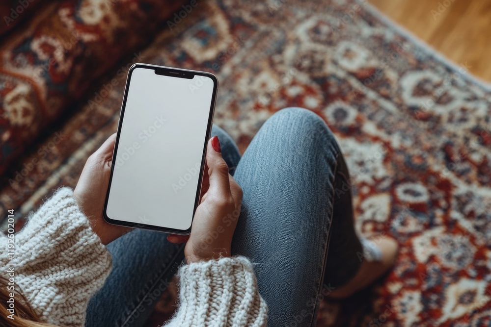 Poster a person sitting on a couch using their smartphone, possibly texting or browsing