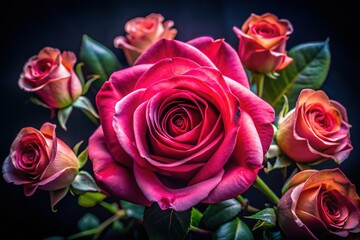 Fototapeta premium Aerial View Blooming Rose Bouquet, Valentine's Day Wedding Backdrop, Close-up Timelapse