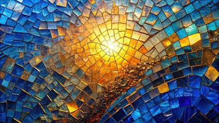 Obraz premium Aerial View: Fractured Glass Mosaic with Blue to Gold Reflections