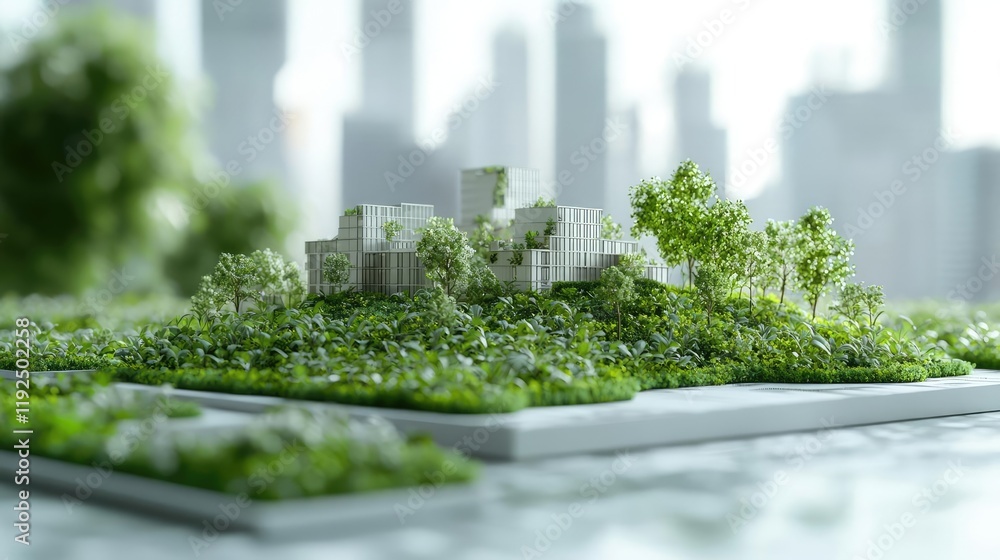 Poster architect project idea. a miniature model of a green cityscape surrounded by lush vegetation and mod
