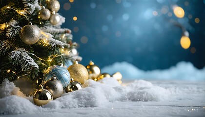 Christmas decorations, fir branches, and bokeh lights