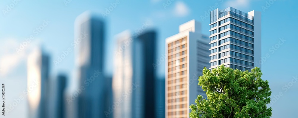 Poster architect project idea. modern skyscrapers with greenery in foreground against a clear blue sky.