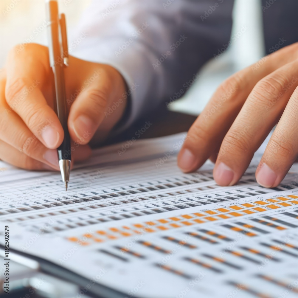 Poster a person examines financial documents, writing notes while analyzing data presented in tables and ch