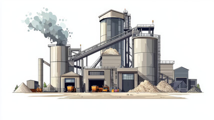 Obraz premium Industrial complex: cement plant with silos, conveyors, and material piles.