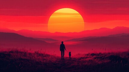 Fototapeta premium Serene sunset stroll, minimal flat design featuring a person walking a dog, warm hues blending into a tranquil evening sky