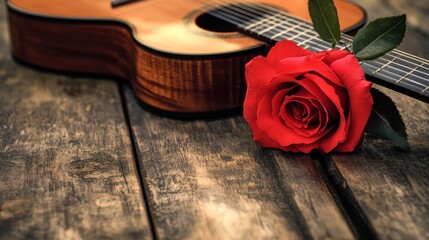 Obraz premium Acoustic Guitar and Red Rose on Rustic Wooden Table Surface