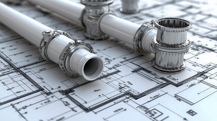 Construction plans with detailed plumbing layout and installed pipes for a new building project