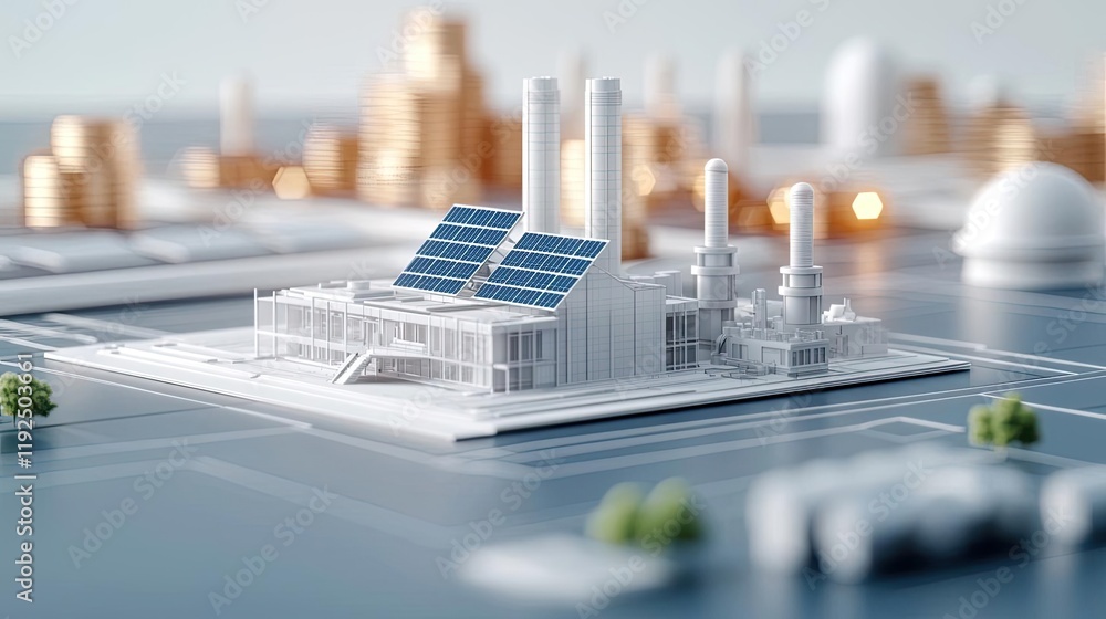 Poster architect blueprint idea. a modern factory showcasing solar panels and advanced technology for susta