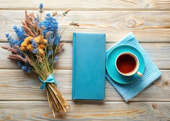 Obraz premium Blue Product Mockup with Notebook, Tea, and Dried Flowers - Flat Lay Stock Photo
