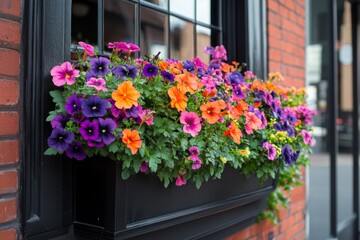 Vibrant flowers bloom in window box outside a charming building on a sunny day