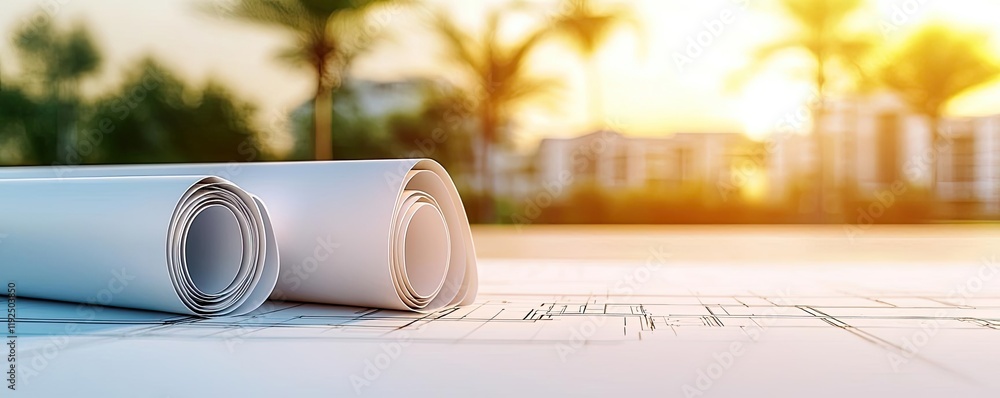 Poster Architect blueprint idea. Close-up of architectural plans rolled on a table during sunset by a tranquil landscape.