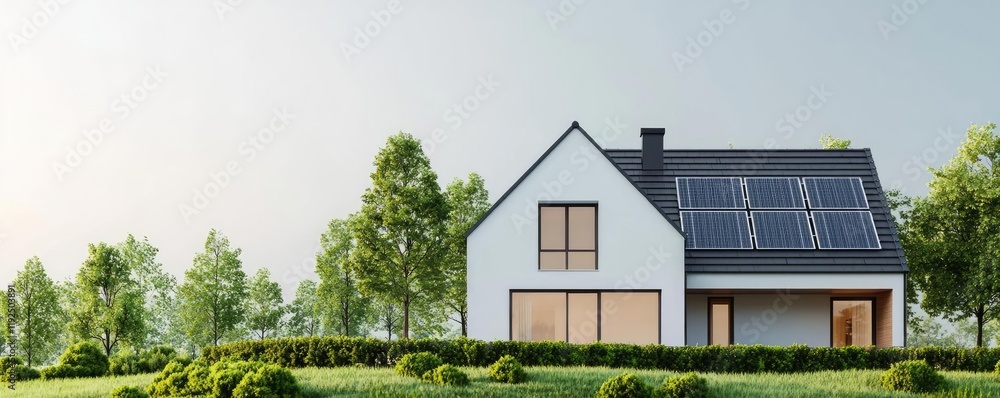 Poster architect blueprint idea. modern house with solar panels surrounded by lush greenery and a clear sky