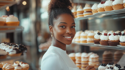 A Black woman joyfully selecting desserts in a stylish bakery filled with vibrant pastries during a daytime visit. Generative AI