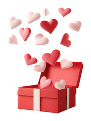 The gift box is open and pink hearts are pouring out and floating in the air, on transparent background. 3d render illustration.