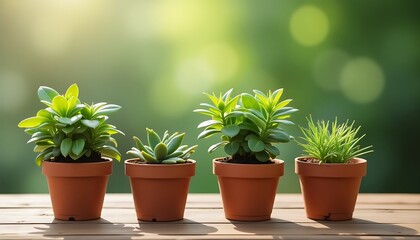 Fototapeta premium Green plants in clay pots with bokeh background