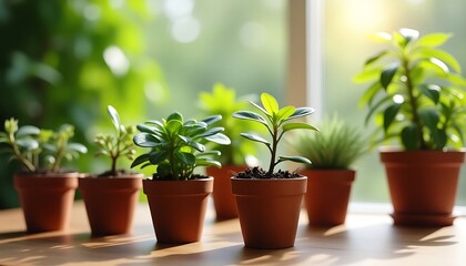 Green plants in clay pots with bokeh background