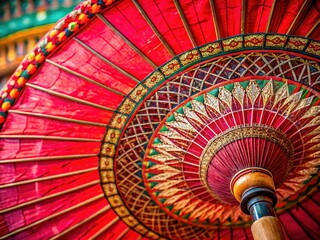 Close-up Detail: Red Antique Umbrella, Northern Thailand - Copy Space Left