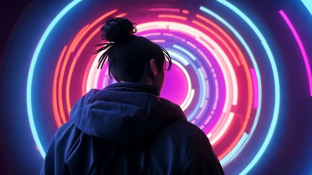 Person with dreadlocks standing before vibrant neon light art installation.
