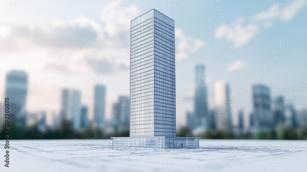 Poster architect blueprint idea. modern skyscraper model standing tall with a blurred city skyline in the b
