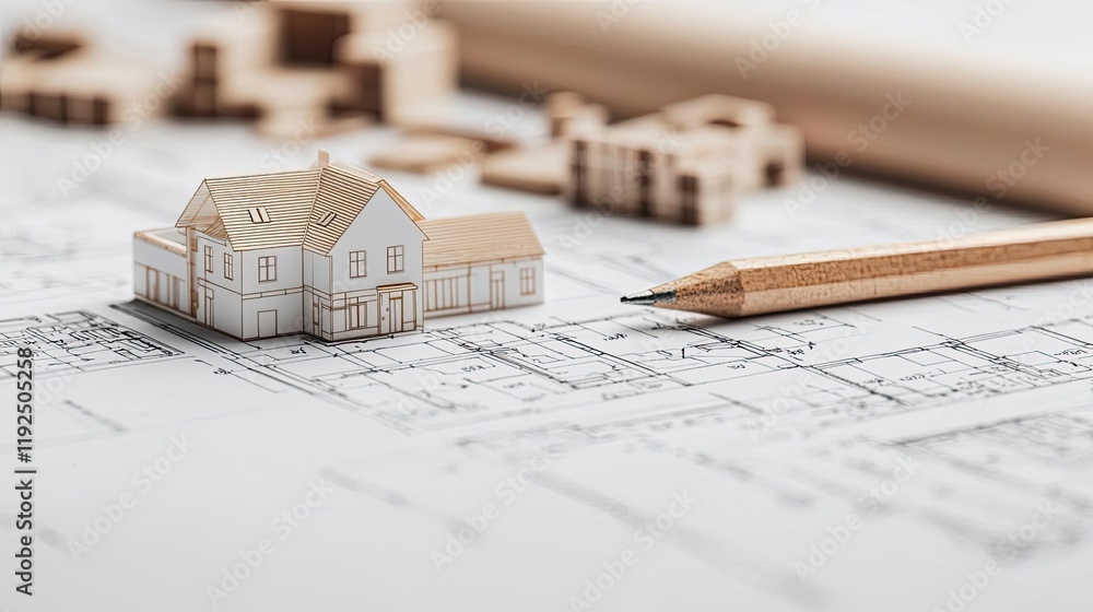 Poster Architect project idea. Architectural model on blueprint with pencil for construction and design planning.