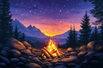 Campfire Serenity:  Mountain Sunset, Starry Night, Artistic Landscape
