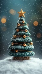 Miniature Christmas tree in snow with golden lights and falling snow