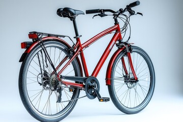 Fototapeta premium A single red bicycle leaning against a white wall