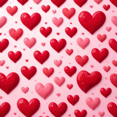 Heart-shaped pattern of red and pink hearts on a pastel background.