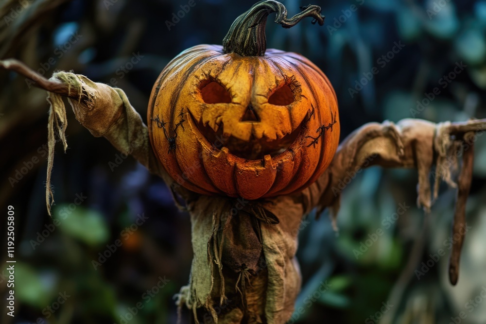 Poster a large orange halloween pumpkin is suspended from a tree branch, surrounded by autumn leaves and br