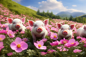 Schweine Ferkel auf der Alm und Landschaft im Sommer